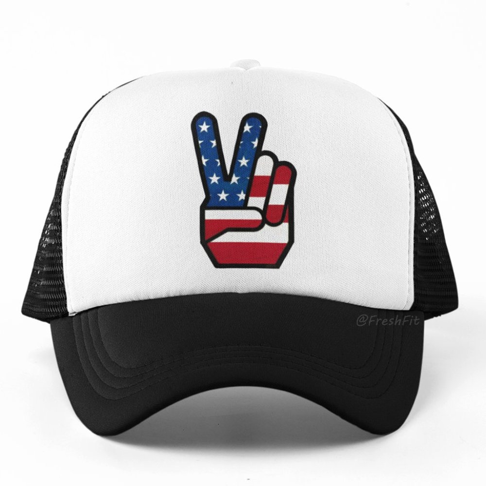 🆕Peace Hand Sign Americana Foam Trucker Hat Mesh Snapback Cap Black/White